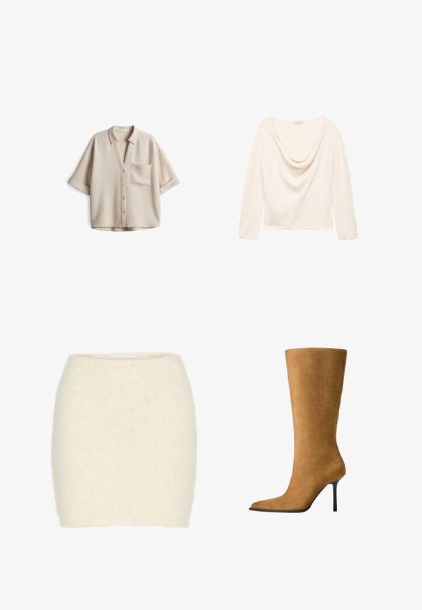 Crème-kleurig lang mouwtop met een gedrapeerde kraag en geribbelde textuur. Gemaakt van lichtgewicht stof, met een rechte zoom bij de taille.; OPUS LOOSE FIT CRINKLE - Overhemdblouse - natural glaze; Witte langwerpige top met een off-the-shoulder ontwerp, voorzien van gerimpelde details aan de zijkant en gladde stof. Draagt met blauwe denim jeans.; Witte wollen minirok, zachte en donzige textuur, aansluitend ontwerp, hoge taille, zonder zichtbare patronen of accenten.; Knie hoge suède laarzen in kamelkleur met een spitse teen en een dunne hoge hak. Glad textuur en elegante silhouet met minimale details.