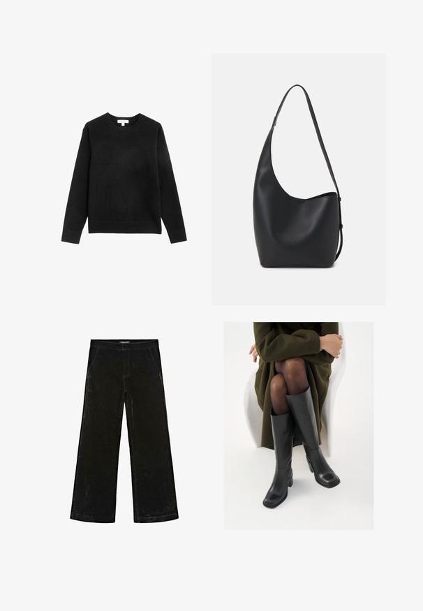 Marks & Spencer - Sweter; Czarne spodnie szerokie w nogawkach, wykonane z miękkiego aksamitu, z wysokością w talii na średnim poziomie, dwiema bocznymi kieszeniami i subtelnymi detalami przeszyć.; Kozaki skórzane do kolan w kolorze czarnym, z kwadratowym noskiem i słupkowym obcasem, pokazane na modelce siedzącej w oliwkowej zielonej kurtce. Gładka tekstura, minimalne detale.; Czarna skórzana torba hobo o gładkiej fakturze, zaokrąglonym kształcie i pojedynczym, regulowanym pasku; posiada szerokie otwarcie na górze.
