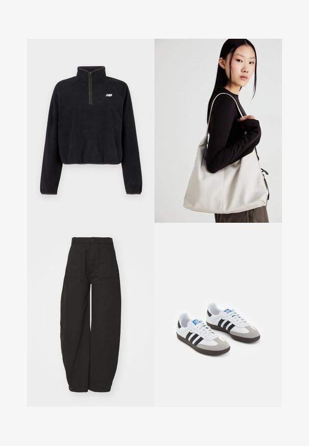 Must mustrepp, quarter-zipiga, elastsete mansettide ja valge New Balance'i logoga rinnal.; Laiad mustad püksid, mis on valmistatud puuvillast, kõrge vöökohaga, esitnuppude sulgemisega ja küljetaskutega, pakkudes funktsionaalsust.; Spordijalatsid valge nahkpealsega, halli nubuk-naha otsaga ja kolme musta triibuga. Omab sinist logo keele peal ja struktureeritud kummitalda.; Bež käekott pehme materjali, millel on lõtv disain, õmblustega detailid ja kaks õlarihma. Sobib igapäevaseks kasutamiseks.