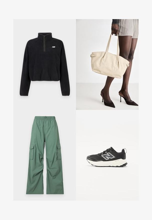 Črn flisasti pulover s četrt zadrgo, elastičnimi manšetami in belim logotipom New Balance na prsih.; Zelene cargo hlače z elastičnim pasom, širokimi hlačnicami in stranskimi žepi. Narejene iz lahkotnega materiala, z gladko teksturo in sproščenim krojem.; Črne športne čevlje z zgornjim delom iz teksturirane tkanine, kontrastno belo srednje podplat in izrazitim sivim logotipom ob strani. Gumijast podplat z oprijemom.; Bežna torba iz usnja z gladko površino, strukturirano obliko, dvema ročajema in stranskimi zaponkami. V paru z elegantnimi črnimi petkami.
