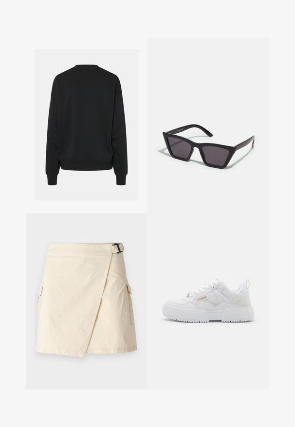 Zwarte sweatshirt met een ronde halslijn en lange mouwen, met een relaxte pasvorm en geribde manchetten. Gladde stofstructuur, geen zichtbare patronen.; Beige wikkelrok gemaakt van lichtgewicht stof, met een zijgesp, twee cargozakken en een nette zoom.; Witte sneakers met een chunky ontwerp, gemaakt van leren en synthetische materialen, met textuurovereenkomsten, veters en een prominent logo in goud.; Zwarte, hoekige zonnebril met grijze lenzen; gemaakt van plastic, met dikke armen met een gladde oppervlakte en zonder zichtbare hardware.; Zilveren creolen met een gedraaide ontwerp, voorzien van een gepolijste afwerking en een post-back sluiting. Meet ongeveer 3 cm in diameter.