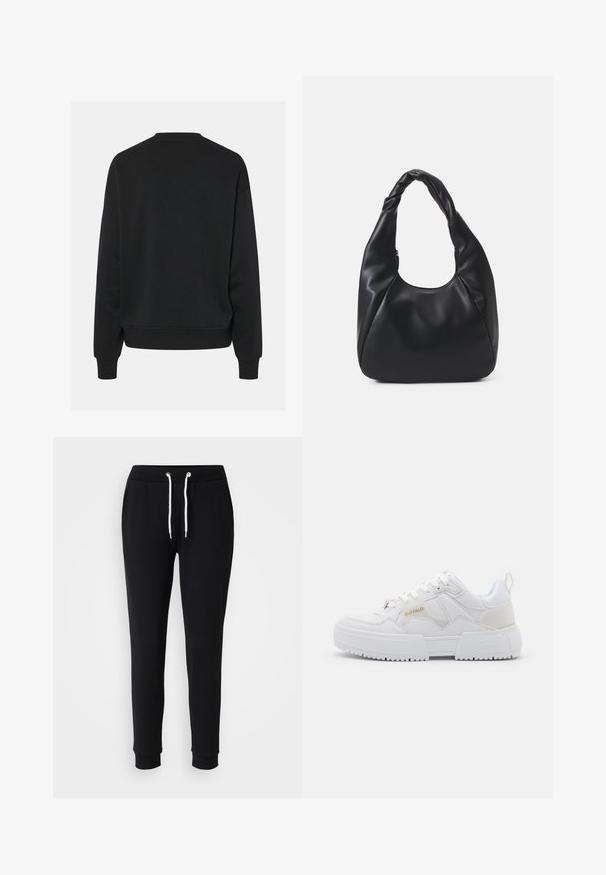 Schwarzer Pullover mit Rundhalsausschnitt und langen Ärmeln, der eine lockere Passform und gerippte Bündchen hat. Glatte Stofftextur, keine sichtbaren Muster.; Schwarze Trainingshose mit Kordelzugbund, weißen Kordelakzenten, schmal zulaufenden Beinen und gerippten Bündchen. Hergestellt aus weichem, bequemem Stoff.; Weiße Sneakers mit chunky Design, gefertigt aus Leder und synthetischen Materialien, mit strukturierten Details, Schnürsenkeln und einem auffälligen Logo in Gold.; Schwarze Hobo-Bag aus glatt wirkendem Lederimitat mit einem gedrehten Griff, der eine weiche, abgerundete Form und einen Reißverschluss am oberen Ende aufweist.