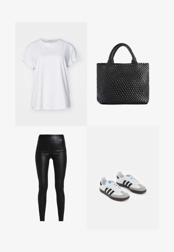Pulover gri tricotat cu guler rotund, mâneci lungi și o textură moale. Nu sunt vizibile modele proeminente sau detalii decorative.; Yogasearcher NAMASTE - Tricou cu imprimeu - white; Leggings negri din imitație de piele cu talie înaltă, design aderent, textură netedă și fără cusături sau embellishe-uri vizibile.; Încălțăminte sport cu un superior din piele albă, vârf din suede gri și trei dungi negre. Prezintă un logo albastru pe limbă și o talpă din cauciuc texturat.; Geantă de umăr împletită neagră cu două mânere, având o suprafață texturată și o formă rectangulară. Design simplu și unic, fără hardware vizibil.