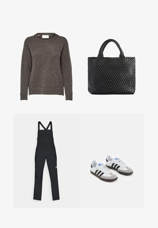 Sivá pletená džemper s okrúhlym výstrihom, dlhými rukávmi a jemnou textúrou. Žiadne výrazné vzory ani kovové detaily nie sú viditeľné.; Črne ustrezne hlače iz trpežnega materiala, z nastavljivimi naramnicami, sprednjim žepom in stranskimi zadrgami za enostavno oblačenje. Minimalističen dizajn z logotipom.; Športni čevlji z belim usnjenim zgornjim delom, sivim semišem na prstih in tremi črnimi črtami. Imajo modro logo na jeziku in teksturiran gumijast podplat.; Črna tkaninasta torba s two ročaji, ki ima teksturirano površino in pravokotno obliko. Preprost, edinstven dizajn brez vidne opreme.