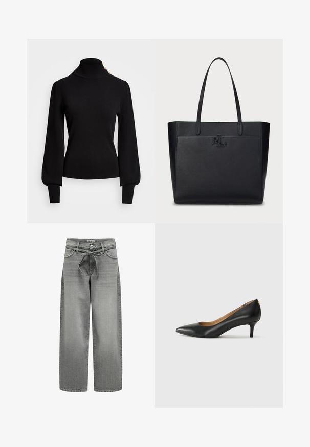 Čierny rebrovaný rolák s pufovými rukávmi a zlatými gombíkovými detailmi na pleci, so priliehavým telom a textúrovanou tkaninou.; Široké šedé deninové džínsy s pásom na šnúrku a prednými vreckami. Tkanina má miernu textúru a vybledlý vzhľad.; Čierny kožený podpatek s špicatou špičkou, nízkym opätkom a hladkým povrchom. Obsahuje mierne otvorenie vpredu a minimálne kovové detaily na zadnej strane.; Čierna kožená taška cez rameno s textúrovaným povrchom, dvojitými rukoväťami a debosovaným logom "RL" na prednej strane. Obdĺžnikový tvar, minimalistický dizajn.