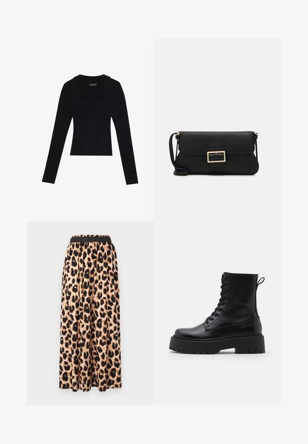 Juodas pašiltintas ilgomis rankovėmis megztinis su apykakle, pagamintas iš elastingos medžiagos, su prigludusia siluetu ir subtilia tekstūra.; Leopardų rašto maksi sijonas su juodu elastingu juosmeniu, pasižymintis lygia, tekančia medžiaga ir platėjančia siluetu.; Juodos odinės aulinukės su apvalia nosimi, raišteliais priekyje ir storesniu guminio pado apačioje su tekstūruotu raštu. Priekyje yra kilputė.; Juodas odinis dėkliukas su atvarteliu ir auksinės metalinės sagties detalėmis. Įeina juodas diržas ir elegantiškas, minimalistinis dizainas.; Aukso spalvos žiedo auskarai, ploni ir apvalūs, su lygiu metaliniu paviršiumi be papuošimų ar raštų.