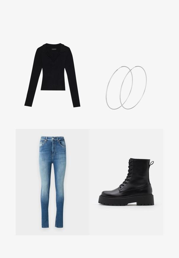 Top negro de manga larga con canalé y cuello tipo polo, hecho de una tela elástica, que presenta una silueta ajustada y una textura sutil.; Jeans skinny de cintura alta en denim azul deslavado con un sutil degradado. Cuenta con un diseño clásico de cinco bolsillos y un cierre de botón.; Botas de cuero negras hasta el tobillo con punta redonda, cordones en la parte delantera y una suela de goma gruesa con un dibujo texturizado. Tirador en la parte trasera.; Pendientes de aro plateados con un diseño minimalista. Forma circular, textura suave y perfil delgado. Livianos con un acabado pulido.