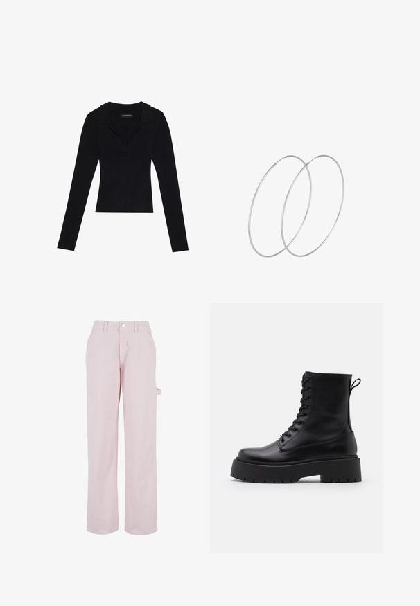Črna rebrasta majica z dolgimi rokavi in ovratnikom, izdelana iz elastičnega materiala, s prilegljivo silhueto in rahlo teksturo.; Svetlo roza bombažni hlače s ravnim krojem, z gumbom za zapiranje in stranskim žepom za tovor. Gladka tekstura in minimalni oblikovalski detajli.; Črne usnjene gležnjarje z okroglo konico, vezalnim sprednjim delom in debelim gumijastim podplatom z teksturiranim profilom. Zanka na hrbtni strani.; Srebrne uhane v obliki obroča z minimalističnim dizajnom. Krožna oblika, gladka tekstura in tanek profil. Lahki s poliranim zaključkom.