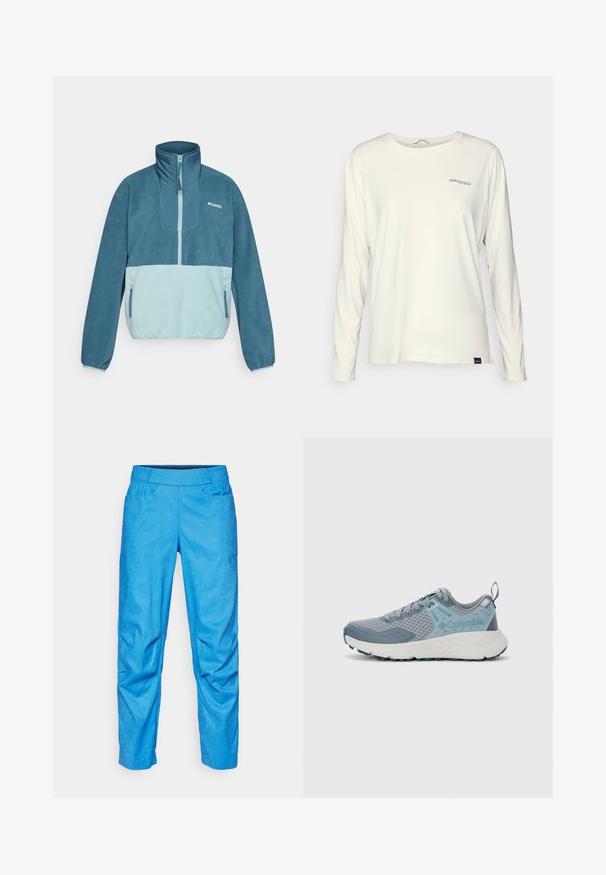 Pullover de fleece azul e azul claro com meia zip, colarinho alto, bolsos laterais com fecho e logótipo da Columbia no peito.; Camiseta de manga longa e decote redondo em algodão off-white. Apresenta um logo azul da Patagonia no lado esquerdo do peito e um corte ajustado.; Patagonia HAMPI ROCK PANTS - Calças para exterior - endless blue; Sapatilha de corrida Columbia em azul claro e cinza com parte superior de malha respirável, sola branca amortecida e alça no calcanhar, vista lateral.