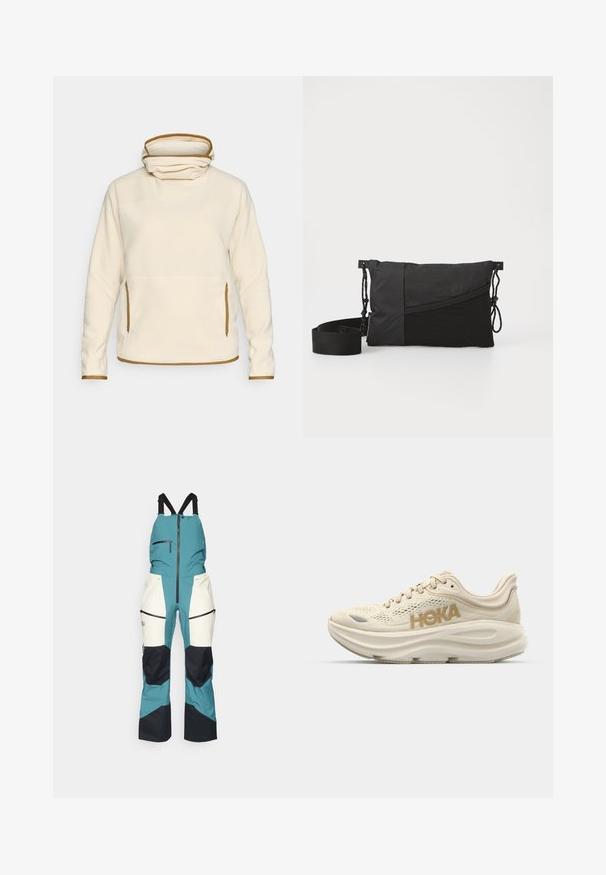 Cream fleece pullover with a high collar, featuring brown accents at the collar and cuffs, and side pockets for storage.; Peak Performance VERTICAL GORE-TEX PRO BIB - Ski pants - hydro fresh/sand fog; Light beige running shoe with mesh upper, padded collar, prominent "HOKA" logo in gold, and thick, cushioned sole for comfort.; Black shoulder bag made of textured fabric, featuring a diagonal design, adjustable strap, and drawstring closures on the sides.