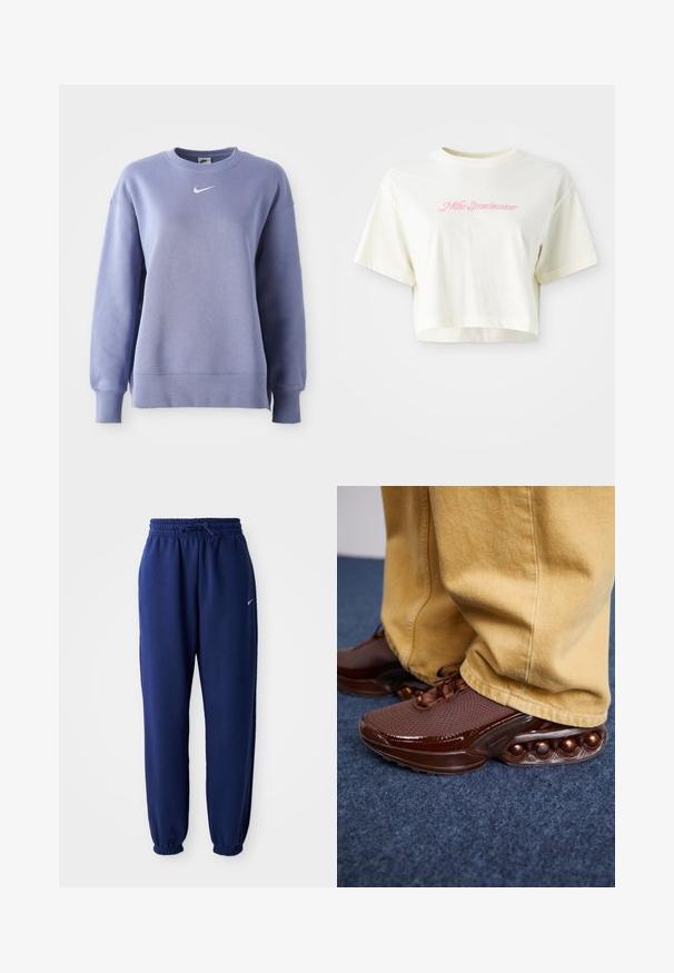 Heleda lilla, ringikrae sweatshirt pehmeast kangast; omab soonikute ja äärtega viimistlust ning rinnal väikest valget Nike logo.; Lühendatud, kreemjas värvi t-särk, mis on valmistatud puuvillast. Omab roosa tikandiga logot, millel on kiri "Nike Sportwear". Lühikesed varrukad ja ümmargune kaelus.; Tumesinine dressipluus, mis on valmistatud pehmest kangast, elastse vöökoha ja nööriga, elastsete mansettide ning väikese valge logoga.; Pruunid spordijalatsid, millel on tekstuuriga pind, läikivad aksendid ja ümardatud mullid talla peal, kombineeritud helesinate pükste jaotusega.