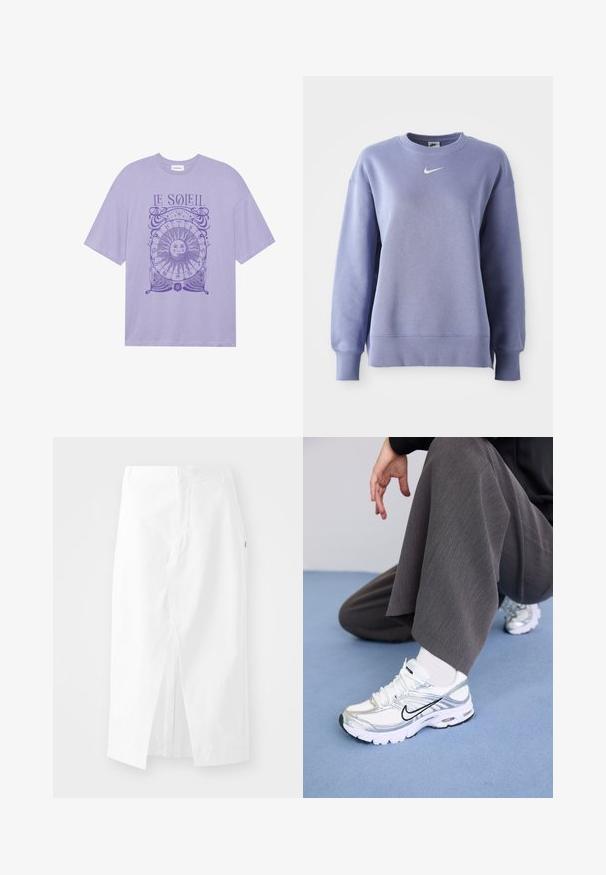 Light purple, crew-neck sweatshirt made of soft fabric; features ribbed cuffs and hem with a small white Nike logo on the chest.; Purple cotton t-shirt with short sleeves, featuring a circular sun graphic and the text "LE SOLEIL" in purple ink on the front.; White cotton midi skirt with a straight cut, side slit, and concealed zipper. Smooth texture, minimal design features, and no visible embellishments.; White and silver athletic shoes with mesh and synthetic materials, featuring black accent lines, laces, and textured soles.