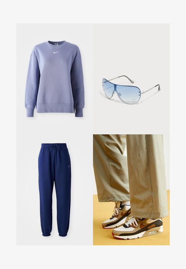 Ανοιχτό μωβ φούτερ με λαιμόκοψη, φτιαγμένο από μαλακό ύφασμα; διαθέτει ριμπ μανσέτες και στρίφωμα με ένα μικρό λευκό λογότυπο Nike στο στήθος.; Σκούρες μπλέ φόρμες από μαλακό ύφασμα, με ελαστική μέση και κορδόνι, ελαστικές μανσέτες και ένα μικρό λευκό λογότυπο.; Nike Sportswear AIR MAX 90 - Αθλητικά παπούτσια - phantom/light british tan/black/fire red/khaki/sail; Γυαλιά ηλίου aviator με γκριδενά μπλε φακούς, ασημένιο μεταλλικό σκελετό και διακοσμητικά αστέρια στους φακούς. Λείος και κομψός σχεδιασμός.