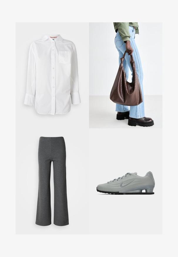 Siv svetrov z dolgimi rokavi, ribanimi manšetami in robom. Okrogla odprtina za vrat z udobnim krojem in mehkimi vlakni. Brez vidnih vzorcev ali dodatkov.; Bela dolga majica s kratkimi rokavi in ovratnikom ter žepom na prsih, prikazana na enotni podlagi.; Sive široke hlače iz mehkega blaga, ki se ponašajo z gladko teksturo in visokim pasom brez vidnih zapenjanj.; Stranski pogled na svetlo sivo Nike športno obutev z vezalkami, znakom swoosh in prozorno blažilno podplatom na enotni ozadju.; Rjava tkanina iz usnja z vozlanimi ročaji, ki jo nosi oseba v svetlomodrih kavbojkah in črnih debelih čevljih. Gladka, teksturirana površina.