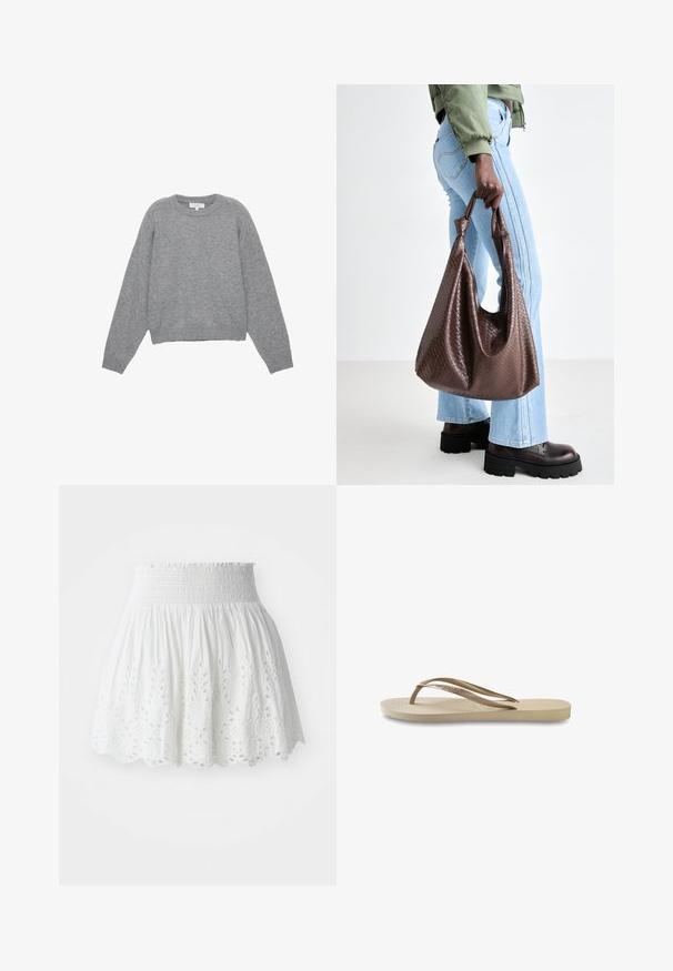 Grijze gebreide trui met lange mouwen, geribbelde manchetten en zoom. Ronde halslijn met een losse pasvorm en een zachte textuur. Geen zichtbare patronen of accenten.; Witte katoen rok met een smock taille, gekenmerkt door geborduurde bloemen uitsneden langs de zoom en een uitlopende silhoët.; Lichtbeige flip-flop met een getextureerde voetbed, platte zool en dunne, glanzende bandjes. Heeft subtiele merkvermelding op het bandje.; Bruine gevlochten leren tote bag met geknoopte handvatten, gedragen door een persoon in lichtblauwe spijkerbroek en zwarte Chunky schoenen. Gladde, textuurrijke oppervlakte.