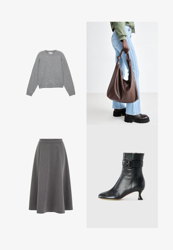 Gray knit sweater with long sleeves, ribbed cuffs, and hem. Round neckline with a relaxed fit and soft texture. No visible patterns or accents.; White oversized t-shirt made of soft cotton. Features short sleeves, a round neckline, and a relaxed fit with no visible patterns or accents.; Gray A-line skirt with a smooth texture, pleated design, and a fitted waist. Fabric appears lightweight and drapes softly.; Black leather ankle boot with a pointed toe, tapered heel, and buckle detail at the cuff. Smooth texture and sleek design.; Brown woven leather tote bag with knotted handles, carried by a person in light blue jeans and black chunky shoes. Smooth, textured surface.