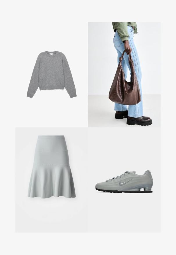 Maglione grigio a maglia con maniche lunghe, polsini e orlo a coste. Collo rotondo con una vestibilità comoda e una texture morbida. Nessun motivo o dettaglio visibile.; T-shirt bianco oversize realizzata in morbido cotone. Caratterizzata da maniche corte, un colletto tondo e una vestibilità rilassata senza modelli o dettagli visibili.; Gonna a campana di colore azzurro chiaro realizzata in un tessuto texture. Presenta una vita aderente e un orlo morbido e ondulato. Design semplice senza motivi.; Vista laterale di una sneaker Nike grigia chiara con lacci, logo swoosh e suola con ammortizzazione trasparente su uno sfondo neutro.; Borsa tote in pelle intrecciata marrone con manici annodati, portata da una persona in jeans blu chiaro e scarpe nere robuste. Superficie liscia e strutturata.