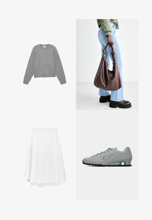 Grijze gebreide trui met lange mouwen, geribbelde manchetten en zoom. Ronde halslijn met een losse pasvorm en een zachte textuur. Geen zichtbare patronen of accenten.; Witte oversized t-shirt van zachte katoen. Heeft korte mouwen, een ronde halslijn en een ontspannen pasvorm zonder zichtbare patronen of accenten.; ADOLFO DOMINGUEZ A-lijn rok - white; Zijaanzicht van een lichtgrijze Nike sneaker met veters, een swoosh-logo en een doorzichtige schokdempende zool op een effen achtergrond.; Bruine gevlochten leren tote bag met geknoopte handvatten, gedragen door een persoon in lichtblauwe spijkerbroek en zwarte Chunky schoenen. Gladde, textuurrijke oppervlakte.