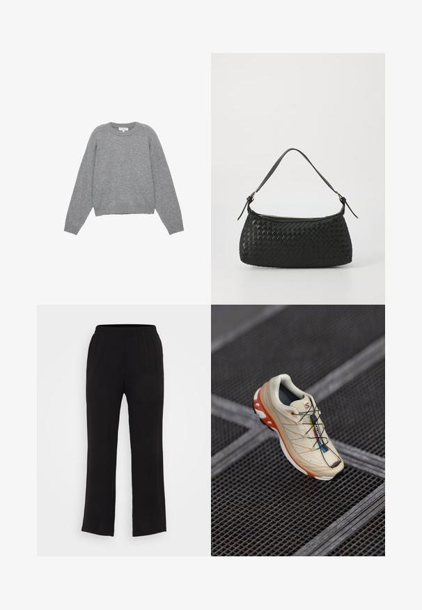Maglione grigio a maglia con maniche lunghe, polsini e orlo a coste. Collo rotondo con una vestibilità comoda e una texture morbida. Nessun motivo o dettaglio visibile.; Pantaloni neri, leggeri, con cintura elastica e design a gamba dritta. Texture liscia, senza motivi visibili o dettagli in metallo.; Scarpa da corsa beige con accenti arancioni, progettata con una parte superiore testurizzata, suola nera e lacci integrati. Presenta il marchio GORE-TEX.; Borsa a spalla nera intrecciata con tracolla in pelle liscia e chiusura con zip. Presenta una superficie texturizzata e una forma curvata.