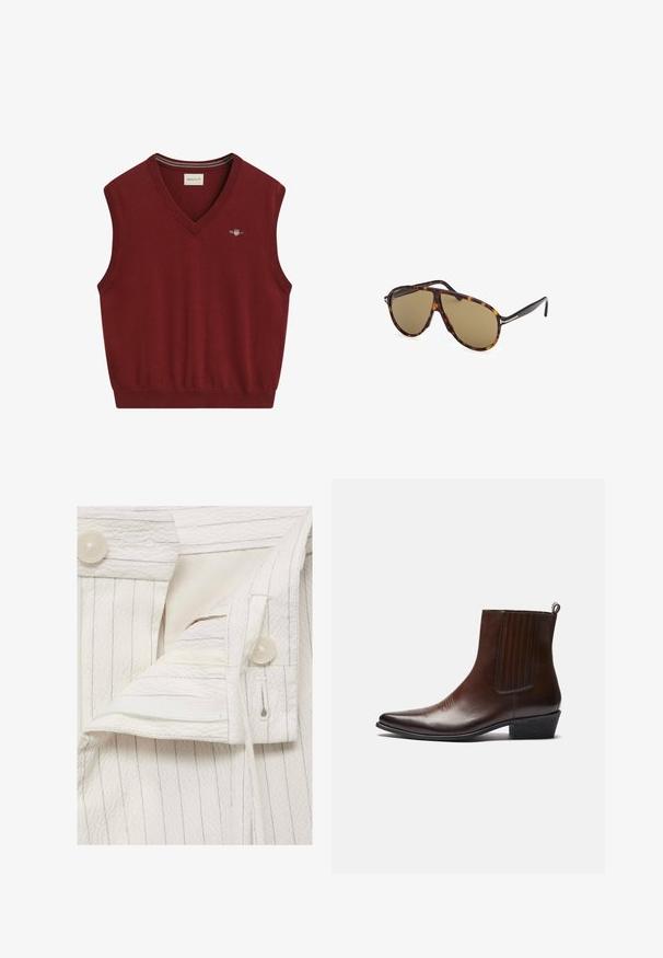 Roter ärmelloser Pullover mit V-Ausschnitt, aus weichem Strickmaterial gefertigt. Verfügt über ein kleines gesticktes Logo auf der Brust und gerippte Ränder.; Weißes Langarmhemd aus glattem Baumwollstoff, mit klassischem Kragen, durchgehender Knopfleiste und geknöpften Manschetten. Minimalistisches Design.; Weißer, strukturierter Stoff mit vertikalen Streifen; verfügt über Knöpfe und einen Kordelzug; enthält ein Innenfach.; Braune Leder-Ankle-Boots mit spitzer Spitze, elastischen Seitenteilen, strukturierten Details auf der Vorderseite und einem niedrigen, gestapelten Absatz.; Sonnenbrille im Schildpatt-Muster mit braunen Gläsern, im Pilotenstil, ausgestattet mit einem schlanken Rahmen und metallischen Akzenten an den Bügeln.; Quadratische Casio-Uhr mit einem Gehäuse in Goldton, weißem Zifferblatt, römischen Ziffern, schwarzem Lederarmband und einer Wasserdichtigkeit von 50 Metern.