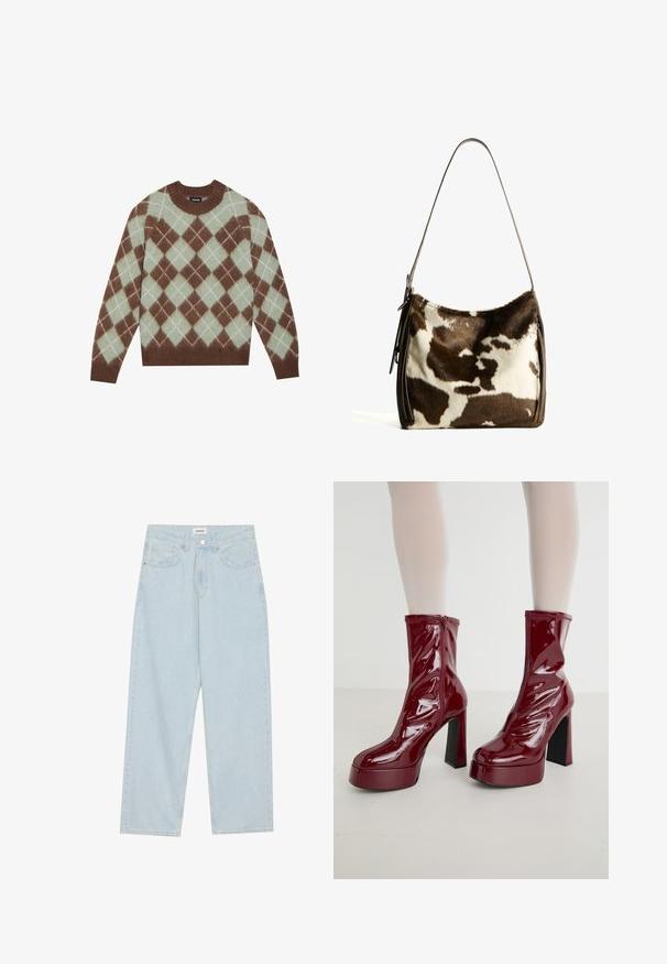 Hnedý sveter s mintovo zeleným argyle vzorom vyrobený z mäkkej látky, s rebrovaným okrúhlym výstrihom a dlhými rukávmi.; Svetlomodré široké džínsy vyrobené z denimu, s polovičným pásom, piatimi vreckami a zapínaním na gombík s úzkym kovovým detailom.; Burgundské lakované kožené členkové topánky s vysokým blokovým podpätkom, zipsom a vlnkovým dizajnom na prednej strane. Hladký, lesklý povrch.; Hnedo-krémová kravská koža cez plece s hladkým koženým remienkom, zipsovým uzáverom a mäkkým, textúrovaným povrchom s prírodným vzorom.