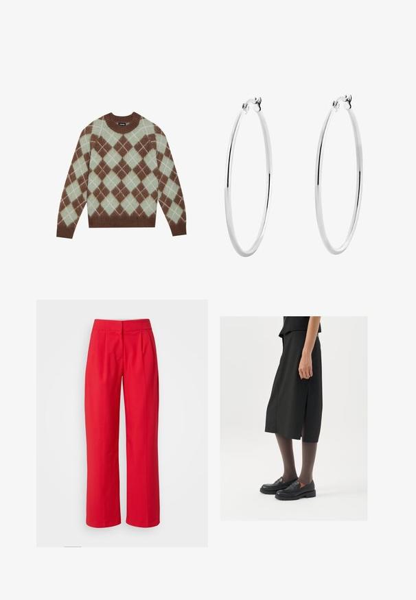 Brauner und mintgrüner Pullover mit Argyle-Muster aus weichem Stoff, mit einem gerippten Rundhalsausschnitt und langenÄrmeln.; Rote, weite Hosen mit glatter Textur, die vordere Falten und einen flachen Bund aufweisen. Keine sichtbaren Taschen oder Hardware-Details.; Schwarzer knielanger Rock mit seitlichem Schlitz, kombiniert mit schwarzen Loafers und transparenten braunen Strumpfhosen, aus glattem Stoff und mit einem schlichten Design.; Silberne Creolen mit einer glatten, polierten Oberfläche und einer dünnen, runden Form. Das Design verfügt über einen sicheren Verschluss.