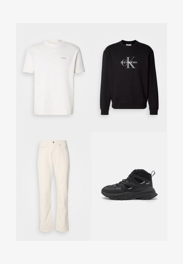Czarny sweter z okrągłym dekoltem wykonany z bawełny, z grafiką na przodzie przedstawiającą "Calvin Klein" oraz inicjały "ck" w kontrastującym szarym kolorze.; Biała bawełniana koszulka z okrągłym dekoltem i krótkimi rękawami, z małym logo Calvin Klein w kontrastowym kolorze na piersi.; Beżowe dżinsy bawełniane o klasycznym prostym kroju, z zapinaniem na guzik z przodu, pięcioma kieszeniami i subtelnymi detalami przeszycia.; Czarne buty trekkingowe z warstwowym wzornictwem, teksturowanym materiałem i gumową podeszwą, z wzmocnionymi obszarami i sznurowanym przodem.