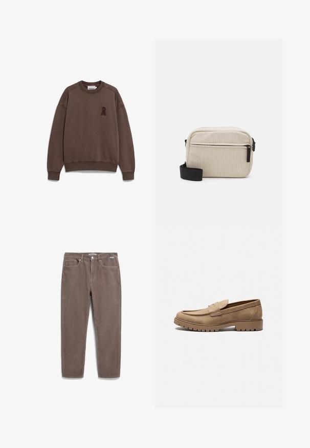 Brown sweatshirt with a round neckline and textured patch featuring a ribbon design on the left chest. Soft material with ribbed cuffs and hem.; Brown corduroy pants featuring a straight leg design, five-pocket styling, and a button closure. Textured fabric with vertical ridges.; Tan suede loafers with a rounded toe, flat rubber sole, and decorative stitching on the upper. Features a slip-on design with no lace.; Cream-colored corduroy crossbody bag with a black zipper, removable strap, and textured pattern. Features one main compartment and front pocket.