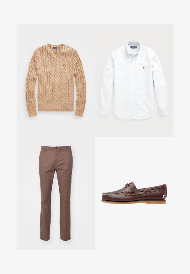 Bēša adīta džemperis ar apaļu kakla izgriezumu, ribotām piedurknēm un apakšmalu, ar nelielu zilu logotipu uz krūts. Mīksta tekstūra.; Balta garām piedurknēm poga-krekla krekls, izgatavots no kokvilnas. Iespējojot izkliedētu apkakli, pogu aizdari un mazu izšūtu logotipu uz krūtīm.; Brūni kokvilnas sajaukuma bikses ar taisnu griezumu, sānu kabatām un priekšējo pogu aizdari. Gluda tekstūra un minimāli šuvju detaļas.; Brūni ādas laivu apavi ar baltajām šuvēm, brūnām auklām un gaiši brūnu gumijas zoli. Ir logotips sānos un metāla acīm auklām.