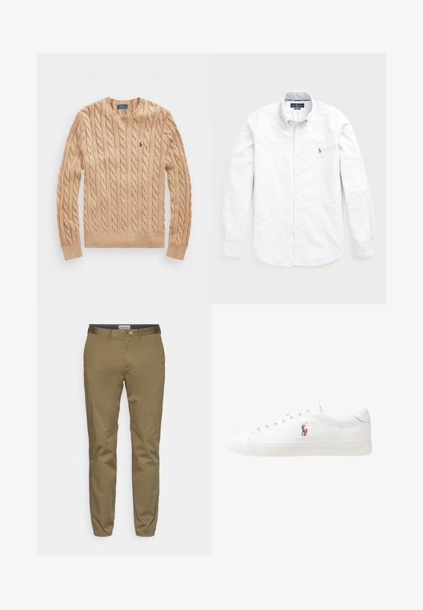 Beige cable-knit sweater with a crew neckline, ribbed cuffs and hem, featuring a small blue logo on the chest. Soft texture.; White long-sleeve button-up shirt made of cotton. Features a spread collar, button closure, and a small embroidered logo on the chest.; Khaki chinos made from cotton blend, slim fit design with a smooth texture, featuring a brown button and woven waistband detail.; White leather sneakers, low-top design, featuring a smooth texture, round toe, laced front, and a small embroidered logo on the side.