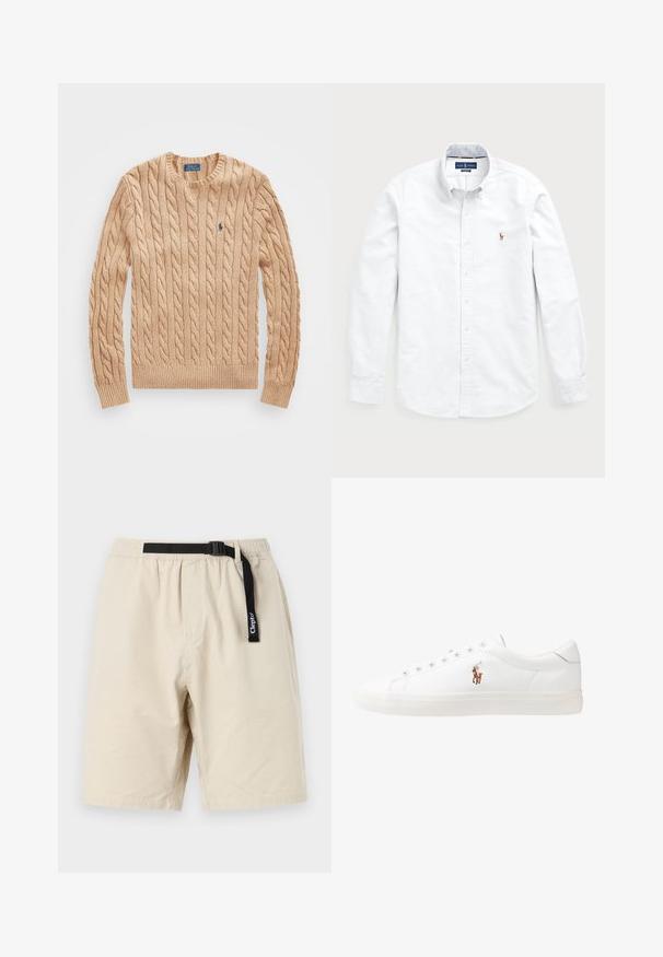 Maglione beige a treccia con collo a giro, polsini e orlo a costine, con un piccolo logo blu sul petto. Tessuto morbido.; Camicia bianca a maniche lunghe con bottoni, realizzata in cotone. Presenta un colletto alla francese, chiusura con bottoni e un piccolo logo ricamato sul petto.; Bermuda beige con vita elastica e cintura nera regolabile. Realizzate in tessuto leggero, presentano un design semplice e un taglio dritto.; Sneakers in pelle bianca, design low-top, caratterizzati da una texture liscia, punta rotonda, chiusura con lacci e un piccolo logo ricamato sul lato.