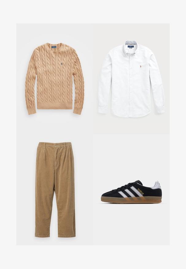 Beżowy sweter z dzianiny w warkocze, z okrągłym dekoltem, ściągaczami na rękawach i u dołu, z małym niebieskim logo na piersi. Miękka faktura.; Biała koszula z długim rękawem, zapinana na guziki, wykonana z bawełny. Posiada kołnierz typu spread, zapięcie na guziki oraz małe haftowane logo na piersi.; Spodnie sztruksowe w jasnobrązowym kolorze z teksturowanym prążkowanym wzorem, z zapięciem na guzik i luźnym krojem.; Czarne zamszowe trampki z białymi paskami, brązową gumową podeszwą i złotym logo "Gazelle". Klasyczny niski model z teksturowaną cholewką.
