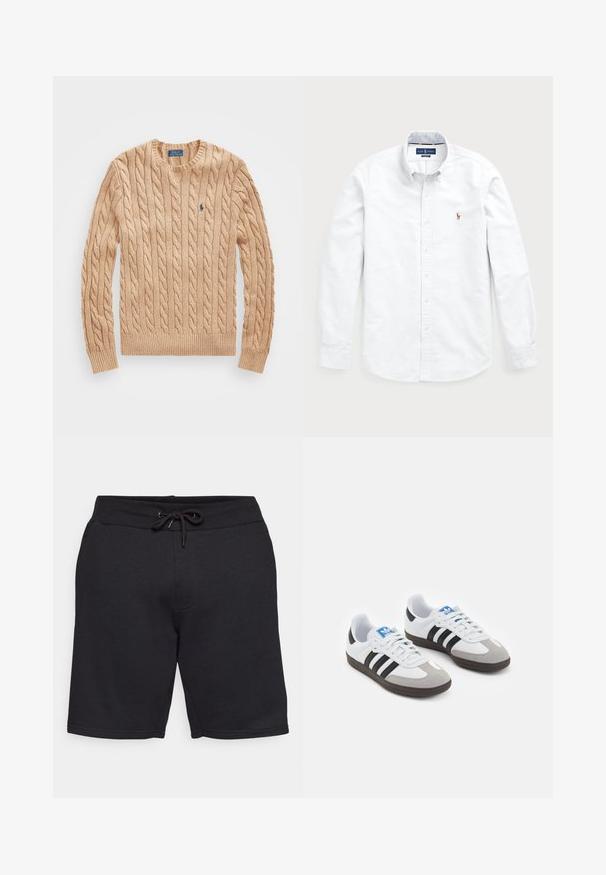 Beiger, grob gestrickter Pullover mit Rundhalsausschnitt, gerippten Bündchen und Saum, mit einem kleinen blauen Logo auf der Brust. Weiche Textur.; Weißes Langarm-Hemd aus Baumwolle mit Knopfleiste. Verfügt über einen klassischen Kragen, Knopfverschluss und ein kleines gesticktes Logo auf der Brust.; Schwarze Baumwollshorts mit elastischem Bund und Kordelzug. Verfügt über Seitentaschen und eine glatte Textur mit genähten Nähten.; Sportschuhe mit einem Obermaterial aus weißem Leder, grauer Wildleder-Zehenkappe und drei schwarzen Streifen. Sie verfügen über ein blaues Logo auf der Zunge und eine strukturierte Gummisohle.