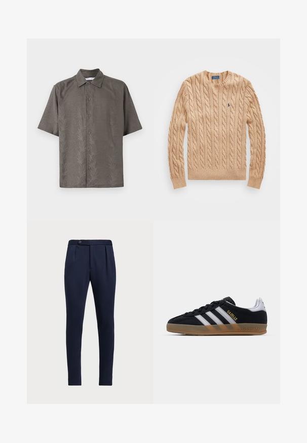 Bež kabelistest kootud sviiter, millel on ümmargune kaelus, soonikkoes mansetid ja hem, ning millerinnas on väike sinine logo. Pehme tekstuur.; Lyhese varrukaga, oliivroheline särk tekstureeritud kangast, millel on reljeefne lehe muster, klassikalise krae ja esioso nupulehega.; Tumesinine voodriga püksid, millel on tasane esiosa, kaks esirühti ja ühe nupuga sulgemine, mis on valmistatud siledast tekstuuriga kangast.; Mustad puksead mustast nahast, valgete triipudega, pruuni kummitald ja kuldne "Gazelle" logo. Klassikaline madala profiiliga disain, millel on struktureeritud pealis.