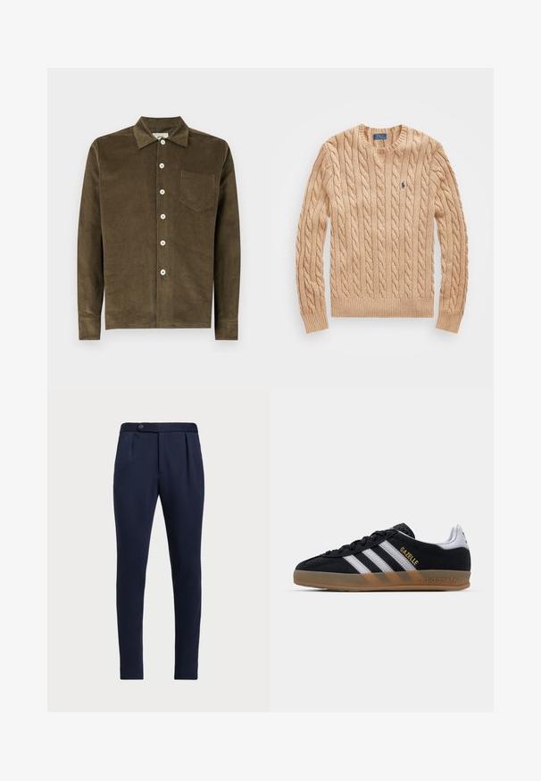 Beige svetr z pleteniny s kulatým výstřihem, ribovanými manžetami a lemem, s malým modrým logem na prsní části. Měkká textura.; Olivově zelená kordová košile s límečkem, plným knoflíkovým zapínáním, dlouhými rukávy a náprsní kapsou. Texturovaná tkanina s vertikálními proužky.; Námořnické modré kalhoty s přizpůsobeným střihem, plochým předním dílem, dvěma předními sklady a jedním knoflíkem na zapínání, vyrobené z hladké, texturované látky.; Černé semišové tenisky s bílými pruhy, béžovou gumovou podrážkou a zlatým logem "Gazelle". Klasický design s nízkým profilem, který se vyznačuje texturovaným svrškem.
