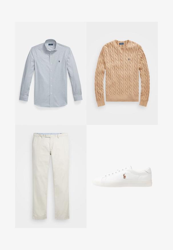 Pull en maille beige à col rond, avec des poignets et un ourlet côtelés, arborant un petit logo bleu sur la poitrine. Texture douce.; Chemise boutonnée à carreaux bleu et blanc, en coton, manches longues et col classique. Logo brodé sur la poitrine.; Chino en coton beige avec une taille plate, des passants de ceinture et des poches latérales. Coupe droite avec une texture lisse et une sensation légère et respirante.; Baskets en cuir blanc, design bas, avec une texture lisse, bout rond, lacets à l'avant et un petit logo brodé sur le côté.