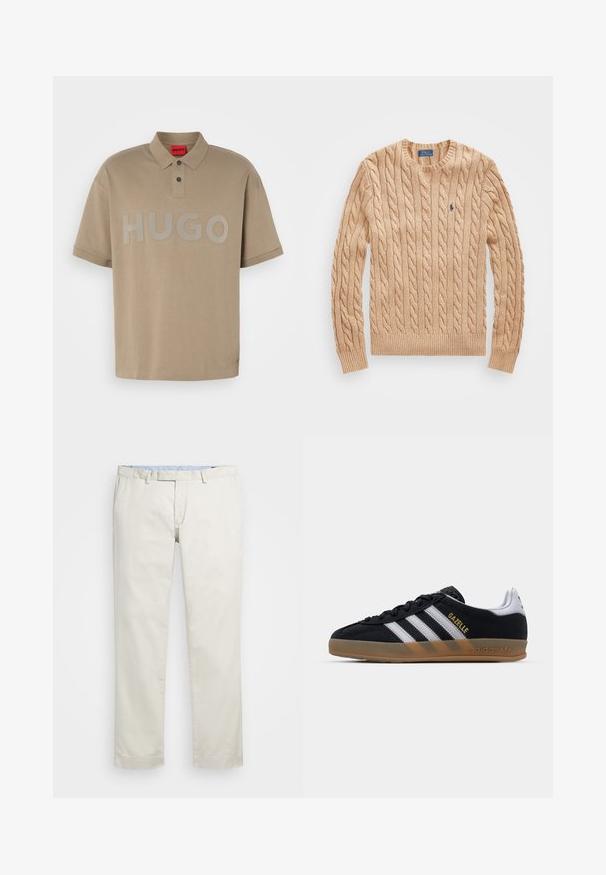 Maglione beige a treccia con collo a giro, polsini e orlo a costine, con un piccolo logo blu sul petto. Tessuto morbido.; Polo beige con colletto, maniche corte e un grande logo grigio "HUGO" sul davanti. Presenta una chiusura con due bottoni.; Chino in cotone beige con fronte piatto, passanti per la cintura e tasche laterali. Design a gamba dritta con una texture liscia e una sensazione leggera e traspirante.; Sneaker in suede nera con strisce bianche, suola in gomma color beige e logo "Gazelle" dorato. Design classico a bassa altezza, con una parte superiore testurizzata.
