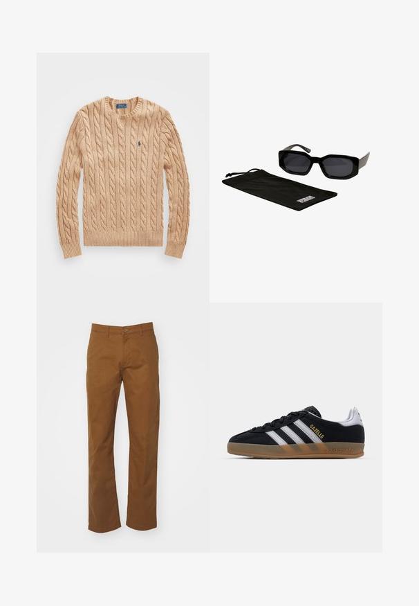 Béžový sveter s pleteným vzorom a okrúhlym výstrihom, s rebrovanými manžetami a spodným lemom, s malým modrým logom na hrudi. Mäkká textúra.; Hnedé bavlnené chinos nohavice so strihom rovného strihu. Obsahujú zapínanie na gombík a zips, pútka na opasok a dve postranné vrecká. Hladká textúra a minimálne detaily.; Čierne semišové tenisky s bielymi pruhmi, tanovou gumovou podrážkou a zlatým logom "Gazelle". Klasický nízky dizajn s textúrovaným vrchom.; Čierne slnečné okuliare s uhlovými, prehnanými rámami a tmavými sklami, doplnené čiernym mikrovláknovým puzdrom s logom.