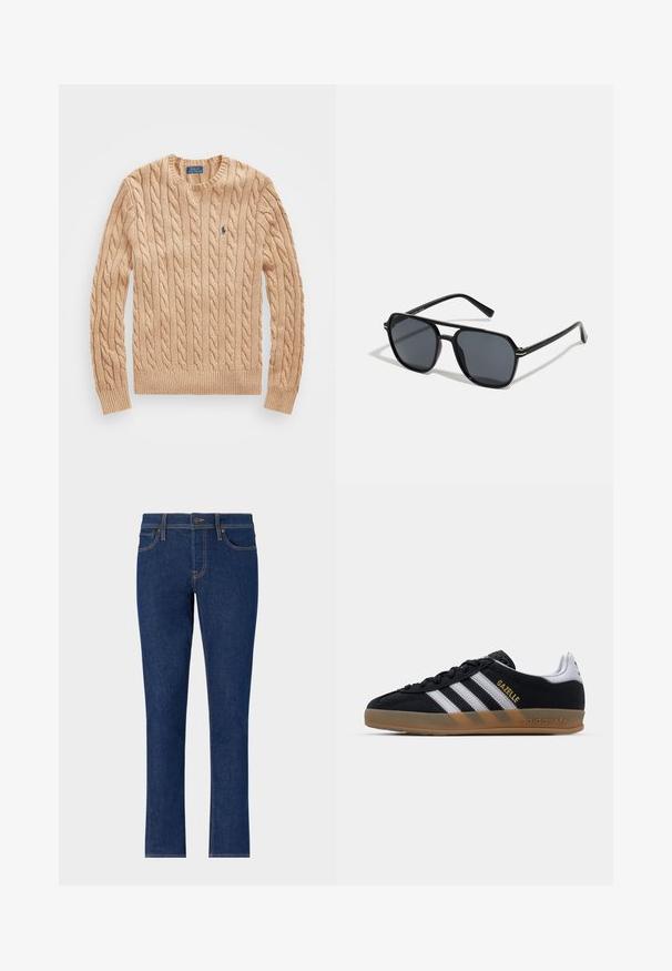 Beženi džemper od pletene vune s okruglim izrezom, rebrastim manžetama i rubom, s malim plavim logom na prsima. Mekana tekstura.; Tamno plave traperice s ravnim nogavicama, s diskretnim šavovima, pet džepova i kopčanjem na dugme u struku.; Crne nubuk tenisice s bijelim prugama, smešnim gumenim đonom i zlatnim "Gazelle" logotipom. Klasičan niskoprofilni dizajn s teksturiranim gornjim dijelom.; Crne sunčane naočale s osmerokutnim okvirom, tamnim lećama, sjajnom završnom obradom, tankim plaštem i zlatnim detaljima na prednjem dijelu.