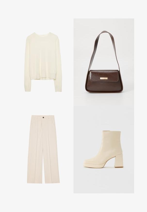 Pulover s dolgimi rokavi v kremni barvi, okrogel izrez in rebraste manšete, z nekoliko skrajšanim robom in sproščenim krojem.; Hlače z visokim pasom in širokimi nogavicami iz kremnega blaga, ki imajo dva stranska žepa, en sprednji gumb in sprednje naborke za dodaten detajl.; Bež usnjena gležnjarica z blok peto in platformo, gladka površina in rahlo kvadratni prst, obrnjena levo na belem ozadju.; Rjava usnjena torba za ramo z urejeno obliko, ki ima magnetno zapiranje na pokrovu in kovinski logotip na sprednji strani.