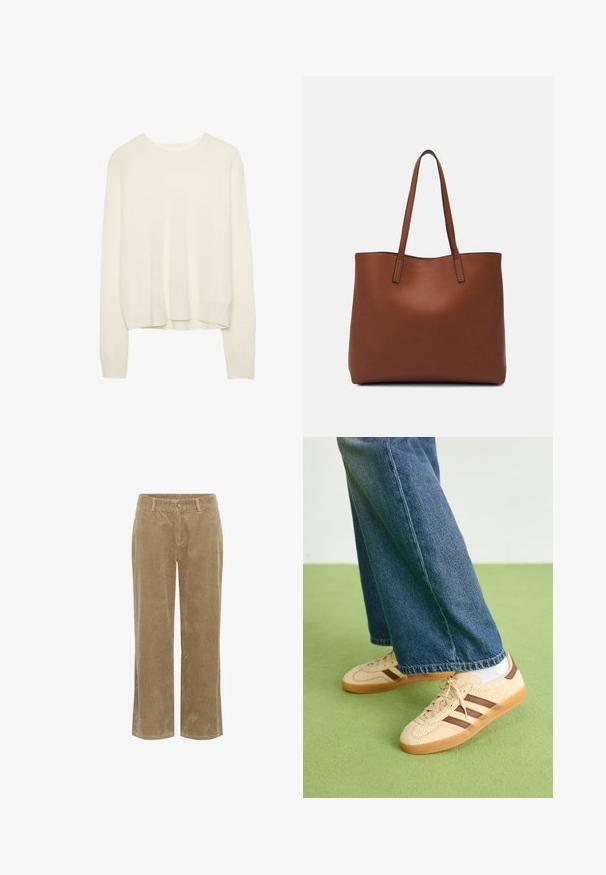 Långärmad krämfärgad tröja med rund halsringning och ribbade mudd, med en något kortad nederkant och avslappnad passform.; Beige kordflodsbukser med bälteshällor, framknapp, dragkedjestängning och rak passform.; Beiga sneakers med strukturerade krämfärgade paneler och bruna ränder, i kombination med blå denimjeans. Jeansarna har vida ben och fransad fåll.; Brun läder tote-väska med en slät textur, öppen toppdesign och två axelremmar. Har minimal söm och ingen synlig metalldetalj.