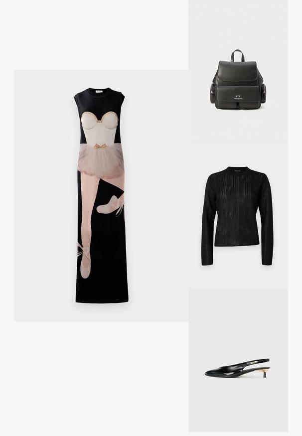 Melns garās piedurknes krekls ar teksturētu svītru dizainu. Apaļa kakla izgriezums un taisna piegriezuma, izgatavots no viegla, nedaudz caurredzama auduma.; Garšs melns kleitas ar baleta dejotājas attēlu, ar bēša krāsas korpusu, tīkla svārku un baleta kurpēm, ar gaiši zelta akcentiem.; Melnas slingback pump kurpes ar smailu purngalu, spīdīgu ādas apdari un mazu papēdi ar zelta akcentu. Elegants dizains ar atvērtu aizmuguri.; Melna ādas mugursoma ar atloku aizdari, priekšējo kabatu, sānu rāvējslēdzēju nodalījumus un augšējo rokturi. Iezīmēta ar logo detaļām priekšpusē.