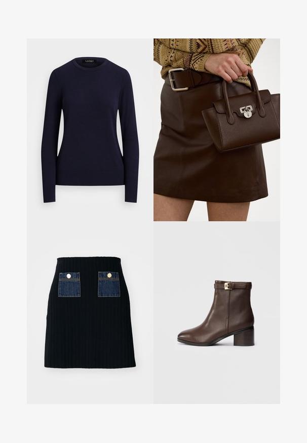 Námornícky modrý pletený sveter s okrúhlym výstrihom, dlhými rukávmi, žebrovanými manžetami a spodným lemom, s hladkou textúrou a priliehavým strihom.; Čierna rebrovaná mini sukňa s priliehavým pásom, s dvoma modrými denimovými vreckami na prednej strane so striebornými gombíkmi.; Hnedé kožené členkové topánky s okrúhlou špičkou, nízkym blokovým podpätkom a dekoratívnym prackovým pásikom okolo členku. Hladká textúra a elegantný dizajn.; Hnedá kožená kabelka s textúrovaným povrchom a striebornými detailmi, držiaca sa v ruke vedľa hnedej koženej sukne a vzorovanej svetre.