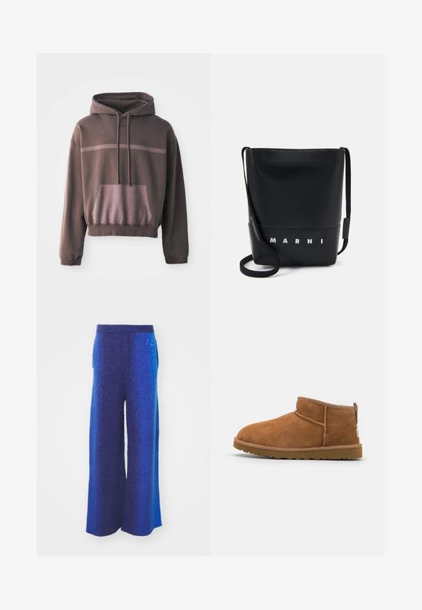 Hoodie oversized de manga curta na cor castanho escuro com uma risca em degradê de castanho claro, bolso frontal e capuz com cordão. Fabricado em misto de algodão suave.; Calças largas em tons de azul em degradê, com um tecido texturizado, cintura elástica e bolsos laterais. Detalhe bordado subtil na cintura.; Botim de tornozelo em camurça castanha com biqueira arredondada, detalhes de costura subtil e sola de borracha texturizada. Altura curta sem atacadores.; Saco bucket preto feito de pele texturizada com um acabamento liso. Apresenta um logotipo prateado "MARNI", alça ajustável e design minimalista.
