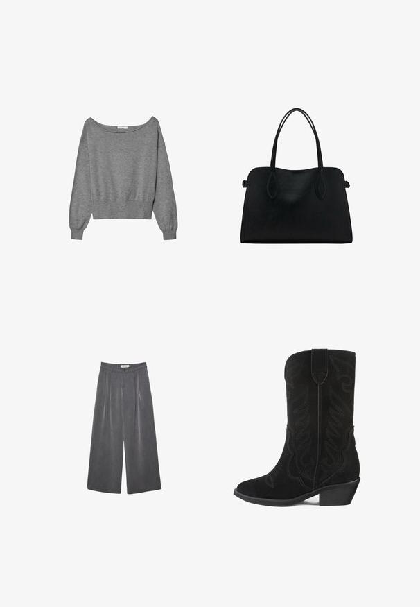 Szary skrócony sweter wykonany z miękkiego materiału, z dekoltem na ramionach, długimi rękawami ballon i prążkowanym wykończeniem.; Plisowane spodnie o szerokich nogawkach w ciemnoszarym materiale z subtelną teksturą. Posiadają zapięcie na guzik oraz klasyczny krój pasa.; Czarne zamszowe kowbojki z haftowanym kwiatowym wzorem, spiczastym czubkiem i niskim blokowym obcasem. Posiadają długą cholewkę i pętelkę do zakupu.; Czarna skórzana torba na ramię z podwójnymi paskami, prostokątny kształt i minimalistyczny design na białym tle.