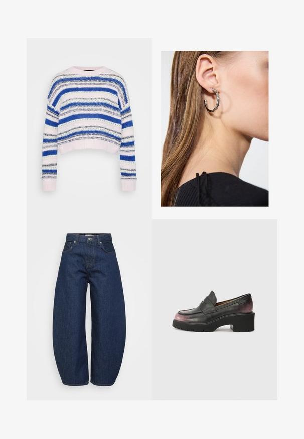 Gestreifter Pullover in Blau, Weiß und Grau mit einem verkürzten Design; verfügt über gerippte Ärmelbündchen und Saum; aus weichem Strickmaterial hergestellt.; Hochtaillierte dunkelblaue Denim-Jeans mit weitem Bein, Knopf- und Reißverschluss vorne sowie klassischem Fünf-Taschen-Design.; Schwarze Leder-Laufschuhe mit abgerundeter Spitze, Akzentriemen und tonalem Farbverlauf von Schwarz zu Dunkelrosa am Absatz. Verfügt über eine klobige Sohle.; Silberne Creolen mit polierter Oberfläche, die kleine goldene Akzentdetails und eine runde Form aufweisen, am Ohrläppchen getragen.