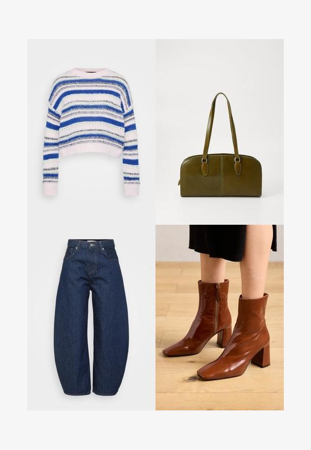 Pull en tricot rayé bleu, blanc et gris avec un design court ; doté de poignets et d'un ourlet côtelé ; fabriqué en matériau tricoté doux.; Jean en denim bleu foncé avec un design décontracté à jambes larges. Comprend cinq poches, un bouton à braguette et des coutures contrastantes.; Bottines en cuir marron avec une finition brillante, bout carré, talon bloc, et détail de fermeture éclair sur le côté, posées sur un sol en bois clair.; Sac à main en cuir vert olive, de forme arrondie, avec deux poignées et une façade sans couture. Il présente une texture lisse et des détails de couture subtils.; Boucle d'oreille en argent avec une finition polie, présentant de petits détails en or et de forme ronde, portée sur le lobe.