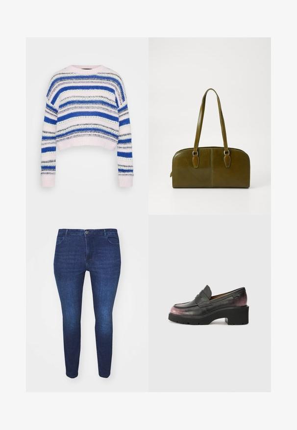 Καρό πουλόβερ σε μπλε, λευκό και γκρι με κοντή σχεδίαση; διαθέτει ριμπ μανσέτες και στρίφωμα; κατασκευασμένο από μαλακό πλεκτό ύφασμα.; Σκούρες μπλε τζιν παντελόνες slim-fit με μπροστινό κουμπί και τσέπες, εμφανίζονται από μπροστά σε λευκό φόντο.; Μαύρα δερμάτινα λουστρίνια με στρογγυλή μύτη, λευκή ρίγα και τονική κλίμακα από μαύρο σε σκούρο ροζ στο τακούνι. Διαθέτουν χοντρό πάτο.; Ελιά πράσινη δερμάτινη τσάντα χειρός με στρογγυλεμένο σχήμα, διπλές λαβές και αδιαμόρφωτο μπροστινό μέρος. Διαθέτει λεία υφή και διακριτές ραφές.; Ασημένιο σκουλαρίκι κρίκος με γυαλιστερή φινίρισμα, που διαθέτει μικρές χρυσές λεπτομέρειες και στρογγυλό σχήμα, φορεμένο στον λοβό.