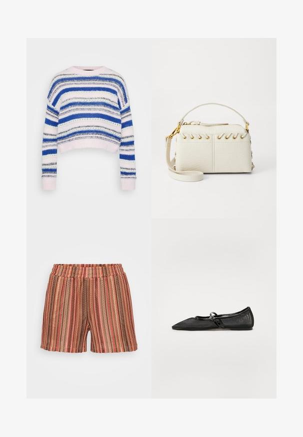 Raido pullover sinivalko-harmaa sekä lyhyt malli; sisältää ribbikudotut hihansuut ja helmavarren; valmistettu pehmeästä neulemateriaalista.; Raidalliset shortsit joustavan vyötärönauhan kanssa, joissa on pystysuoria viivoja punaisena, ruskeana ja vihreenä. Valmistettu kevyestä ja teksturoidusta kankaasta.; Musta litteä kengät, joissa on terävä kärki, verkko-osa ja kiiltävät nahka-akcentit. Ominaisuuksiin kuuluu ohut hihna, jossa on pyöreä metalliyksityiskohta.; Valkoinen keinonahkainen käsilaukku, jossa on ylhäältä avattava vetoketju, lyhyt kahva ja irrotettava olkahihna, jossa on kultaset yksityiskohdat. Sivupitsitys.; Hopea renkaankorvakoru kiiltävällä pinnalla, jossa on pieniä kultaisia yksityiskohtia ja pyöreä muoto, käytetty korvalla.