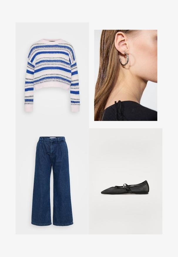 Dryžuotas triuškinys mėlynos, baltos ir pilkos spalvų su sutrumpintu dizainu; turi išmegztus rankogalius ir apvadą; pagamintas iš minkštos mezgimo medžiagos.; Tamsiai mėlynos spalvos laisvo kirpimo džinsai. Ypatybės: elastinė juosmens dalis, laisvas prigludimas ir minimalūs siuvimo detalės apačioje.; Juoda plokščia batai su smailiu nosiu, tinklelio viršumi ir lakinės odos akcentais. Savybės apima ploną dirželį su apvaliu metaliniu elementu.; Sidabrinė lankinė auskarai su poliruotu paviršiumi, turintys mažus auksinius akcentus ir apvalią formą, dėvimi ant ausies kaušelio.